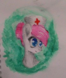 Size: 460x540 | Tagged: safe, artist:taika403, nurse redheart, earth pony, pony, g4, abstract background, female, mare, nurse, smiling, solo, traditional art, watercolor painting