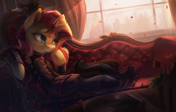 Size: 3900x2500 | Tagged: safe, artist:vanillaghosties, sunset shimmer, pony, unicorn, g4, clothes, couch, fainting couch, female, high res, mare, solo