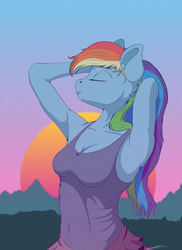 Size: 2000x2750 | Tagged: safe, artist:skitsroom, rainbow dash, anthro, g4, arm behind head, armpits, breasts, busty rainbow dash, cleavage, clothes, eyes closed, female, high res, mare, smiling, solo, sunset, tank top