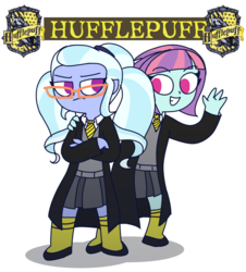 Size: 1245x1378 | Tagged: safe, artist:psychodiamondstar, sugarcoat, sunny flare, equestria girls, g4, clothes, duo, female, glasses, harry potter (series), hufflepuff, no pupils, school uniform, simple background, unamused, white background, wizard robe