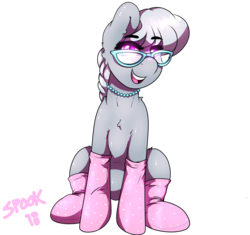 Size: 2215x2086 | Tagged: safe, artist:aaa-its-spook, silver spoon, earth pony, pony, g4, accessory, clothes, cute, female, filly, glasses, high res, jewelry, looking at you, necklace, pearl necklace, simple background, smiling, socks, transparent background