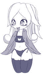 Size: 1800x3200 | Tagged: safe, artist:an-m, oc, oc only, oc:snowdrop, human, belly button, bra, cat lingerie, clothes, crop top bra, cute, female, frilly underwear, grayscale, humanized, jacket, lingerie, monochrome, panties, side knot underwear, socks, solo, underwear, wide hips