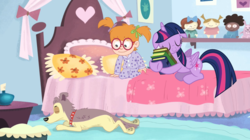 Size: 1022x574 | Tagged: safe, artist:marcuvan0, screencap, twilight sparkle, alicorn, pony, g4, bed, book, dot (pound puppies), floppy ears, lucky smarts, pound puppies, sleeping, twilight sparkle (alicorn)