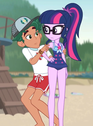 Size: 435x587 | Tagged: safe, screencap, sci-twi, timber spruce, twilight sparkle, equestria girls, g4, my little pony equestria girls: better together, unsolved selfie mysteries, clothes, cropped, duo, female, geode of telekinesis, legs, lifeguard, lifeguard timber, magical geodes, male, one-piece swimsuit, ponytail, sci-twi swimsuit, shorts, swimsuit