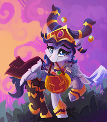 Size: 900x1034 | Tagged: safe, artist:saxopi, oc, oc only, oc:graceful motion, pegasus, pony, alexstrasza, clothes, cosplay, costume, crown, female, halloween, holiday, jewelry, looking at you, mare, mountain, pumpkin bucket, regalia, smiling, warcraft