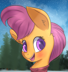 Size: 1345x1427 | Tagged: safe, artist:brok-enwings, scootaloo, pegasus, pony, g4, blushing, clothes, female, scarf, sky, snow, solo, stars, tree