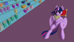 Size: 1382x777 | Tagged: safe, artist:dizzmux, twilight sparkle, alicorn, pony, g4, book, bookshelf, on back, reading, twilight sparkle (alicorn)