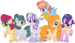 Size: 1024x586 | Tagged: safe, artist:bezziie, cloudy quartz, cookie crumbles, pear butter, posey shy, twilight velvet, windy whistles, earth pony, pony, g4, alternate design, alternate hairstyle, clothes, curved horn, horn, mom six, simple background, transparent background