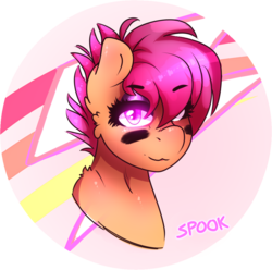 Size: 1044x1036 | Tagged: safe, artist:aaa-its-spook, scootaloo, pegasus, pony, g4, bust, eye black (makeup), face paint, female, filly, solo