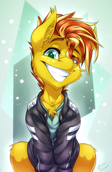 Size: 1292x2000 | Tagged: safe, artist:drizziedoodles, oc, oc only, oc:honey drizzle, pony, abstract background, chest fluff, clothes, ear fluff, freckles, grin, jacket, looking at you, male, sitting, smiling, solo