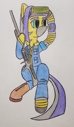 Size: 975x1665 | Tagged: safe, artist:dice warwick, artist:dice-warwick, oc, oc only, oc:sizzle cymbal, cyborg, pony, boot, clothes, cyber eye, goggles, gun, mirage pony, pipbuck (orthrus), rifle, solo, stripes, traditional art, uniform, weapon