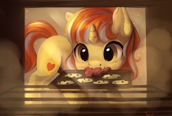 Size: 4000x2700 | Tagged: safe, artist:riko-teki, oc, oc only, oc:cinderheart, pony, unicorn, cookie, cute, female, food, high res, mare, mouth hold, oven, solo, steam, ych result