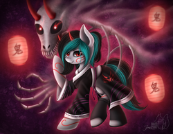Size: 1023x796 | Tagged: safe, artist:hoodiefoxy, oc, oc only, oc:onihime, demon, pony, bone, clothes, face paint, horns, lantern, skeleton, solo