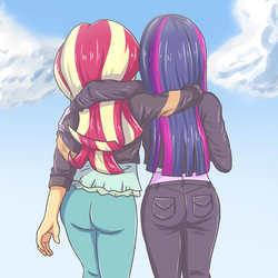 Size: 2952x2952 | Tagged: safe, artist:sumin6301, sunset shimmer, twilight sparkle, equestria girls, g4, ass, away from viewer, bunset shimmer, butt, clothes, duo, female, high res, huhhs, jeans, leather jeans, lesbian, pants, rear view, ship:sunsetsparkle, shipping, twibutt