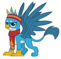 Size: 449x433 | Tagged: safe, gallus, g4, my little pony best gift ever, official, claws, clothes, looking at you, paws, scarf, smiling, tail, wings, winter outfit