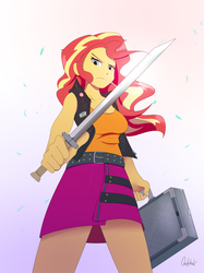 Size: 1197x1600 | Tagged: safe, artist:0ndshok, sunset shimmer, equestria girls, g4, my little pony equestria girls: better together, badass, briefcase, clothes, female, looking down, miniskirt, simple background, skirt, solo, sword, weapon, white background