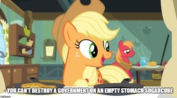 Size: 897x500 | Tagged: safe, edit, edited screencap, screencap, applejack, big macintosh, earth pony, pony, bloom & gloom, g4, apple, brother and sister, cowboy hat, duo, female, food, hat, horse collar, image macro, male, mare, meme, pancakes, siblings, skillet, stallion, subtitles, text, v for vendetta