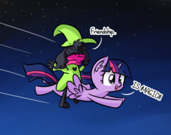 Size: 1930x1519 | Tagged: safe, artist:artiks, twilight sparkle, alicorn, pony, g4, spoiler:deltarune, crossover, deltarune, dialogue, female, fluffy boi, flying, glasses, male, ralsei, spoilers for another series, stars, title drop, twilight sparkle (alicorn)