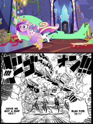 Size: 749x998 | Tagged: safe, screencap, princess cadance, princess flurry heart, shining armor, g4, my little pony best gift ever, food, galdino, hoof shoes, impel down, magellan, monkey d. luffy, one piece, pudding