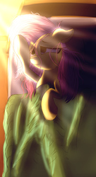 Size: 2500x4600 | Tagged: safe, artist:sweetbrew, fluttershy, pegasus, pony, g4, bed, bed mane, blanket, covering eyes, female, lidded eyes, looking away, looking up, mare, messy mane, morning, morning ponies, on back, on bed, pillow, smiling, solo, stray strand, sunlight