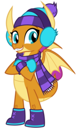 Size: 2000x3200 | Tagged: safe, alternate version, artist:cheezedoodle96, smolder, dragon, g4, my little pony best gift ever, .svg available, boots, claws, clothes, crossed arms, cute, dragon wings, dragoness, dragons wearing clothes, earmuffs, fangs, female, happy, hat, high res, looking at you, mittens, scarf, shoes, simple background, smiling, smolderbetes, solo, striped scarf, svg, teeth, transparent background, vector, wings, winter outfit