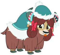 Size: 3600x3300 | Tagged: safe, alternate version, artist:cheezedoodle96, yona, yak, g4, my little pony best gift ever, .svg available, :p, blanket, bow, christmas ornament, cloven hooves, cute, decoration, female, hat, high res, looking at you, monkey swings, ribbon, silly, simple background, smiling, solo, svg, tongue out, transparent background, vector, winter outfit, yonadorable