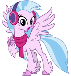 Size: 3000x3200 | Tagged: safe, alternate version, artist:cheezedoodle96, silverstream, classical hippogriff, hippogriff, g4, my little pony best gift ever, .svg available, clothes, cute, diastreamies, earmuffs, excited, female, gasp, high res, jewelry, looking at you, necklace, open mouth, peace sign, scarf, simple background, smiling, solo, spread wings, svg, transparent background, vector, wings, winter outfit