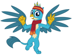 Size: 4200x3200 | Tagged: safe, alternate version, artist:cheezedoodle96, gallus, griffon, g4, my little pony best gift ever, .svg available, claws, clothes, cute, gallabetes, grin, headband, looking at you, male, paws, peace sign, scarf, simple background, smiling, solo, spread wings, svg, transparent background, vector, wings, winter outfit