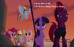 Size: 1216x768 | Tagged: safe, edit, edited screencap, editor:korora, screencap, applejack, fluttershy, pinkie pie, rainbow dash, rarity, spike, tempest shadow, twilight sparkle, alicorn, dragon, earth pony, pegasus, pony, unicorn, g1, g4, my little pony 'n friends, my little pony: the movie, the ghost of paradise estate, applejack's hat, broken horn, canterlot castle, cowboy hat, cropped, eye scar, female, g1 to g4, generation leap, hat, horn, in no time at all, lyrics, mare, scar, song reference, staff, staff of sacanas, text, twilight sparkle (alicorn)