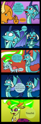 Size: 1200x3587 | Tagged: safe, artist:noidavaliable, ocellus, princess ember, smolder, thorax, changedling, changeling, dragon, g4, comic, disguise, disguised changeling, dragoness, female, king thorax, male