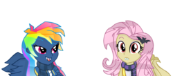 Size: 1740x768 | Tagged: safe, artist:yaycelestia0331, fluttershy, rainbow dash, bat pony, demon pony, equestria girls, g4, my little pony: friendship is magic, secrets and pies, adorapiehater, bat ponified, clothes, cute, equestria girls interpretation, evil pie hater dash, flutterbat, race swap, scarf, scene interpretation, shyabates, shyabetes, simple background, smiling, transparent background