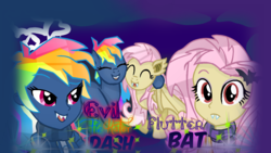 Size: 1288x724 | Tagged: safe, artist:yaycelestia0331, fluttershy, rainbow dash, bat pony, demon pony, pony, equestria girls, g4, secrets and pies, adorapiehater, barrette, bat ponified, cute, cute little fangs, evil pie hater dash, fangs, flutterbat, race swap, shyabates, shyabetes, smiling, text