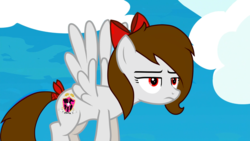 Size: 1360x768 | Tagged: safe, artist:rsa.fim, oc, oc:whisper hope, pegasus, pony, bow, female, flying, mare, red eyes, ribbon, tail bow, tail wrap, unamused, unitárium