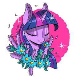 Size: 1280x1280 | Tagged: safe, artist:ask-colorsound, twilight sparkle, pony, g4, bust, eyes closed, female, flower, mare, portrait, smiling, solo, sparkles