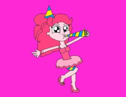 Size: 1606x1246 | Tagged: source needed, safe, artist:logan jones, pinkie pie, equestria girls, g4, alternate clothes, boyshorts, bracelet, breasts, clothes, compression shorts, cute, feet, female, hat, high heels, jewelry, nail polish, noisemaker, panties, party hat, pink background, sandals, shoes, shorts, simple background, skirt, tank top, toes, underwear