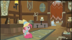 Size: 600x338 | Tagged: safe, edit, edited screencap, screencap, pinkie pie, g4, my little pony best gift ever, animated, banana peel, curtains, discovery family logo, female, fire, food, gak, gif, hat, impact font, implied prince rutherford, rock, table, text, throwing