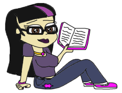 Size: 678x514 | Tagged: safe, artist:logan jones, twilight sparkle, human, g4, black hair, book, brown eyes, clothes, female, glasses, human coloration, humanized, jeans, jewelry, lipstick, nail polish, necklace, pants, shirt, shoes, sitting, t-shirt