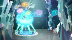 Size: 1280x720 | Tagged: safe, screencap, citrine spark, cozy glow, fire quacker, gallus, ocellus, sandbar, silverstream, smolder, starlight glimmer, yona, changedling, changeling, classical hippogriff, dragon, earth pony, griffon, hippogriff, pegasus, pony, unicorn, yak, g4, school raze, crystal, dragoness, female, filly, floating, foal, glowing, magic, magic circle, male, mare, nightmare cave, student six, teenager, vortex