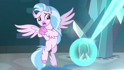 Size: 1280x720 | Tagged: safe, screencap, silverstream, classical hippogriff, hippogriff, g4, school raze, amulet, amulet of aurora, azurantium, female, jewelry, solo, spread wings, wings, worried