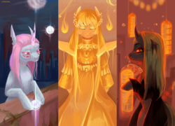 Size: 2912x2100 | Tagged: safe, artist:utauyan, oc, oc only, oc:flimmy, changeling, pony, unicorn, clothes, costume, high res, lantern, triptych