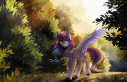 Size: 1700x1111 | Tagged: safe, artist:margony, oc, oc only, oc:aurora (zenzii), pegasus, pony, commission, cute, female, forest, grass, mare, pale belly, scenery, smiling, solo, tree