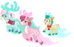 Size: 1024x654 | Tagged: safe, artist:vector-brony, alice the reindeer, aurora the reindeer, bori the reindeer, deer, reindeer, g4, my little pony best gift ever, bow, clothes, cloven hooves, colored hooves, doe, ear piercing, earring, glasses, piercing, reference, shawl, simple background, the gift givers, the powerpuff girls, transparent background, trio