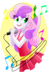 Size: 1104x1686 | Tagged: safe, artist:xan-gelx, sweetie belle, equestria girls, g4, clothes, cute, diasweetes, dress, female, flower, flower in hair, hairband, microphone, music notes, solo