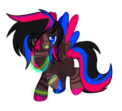 Size: 1900x1728 | Tagged: safe, artist:livlyshipper, oc, oc only, oc:rítmico, pegasus, pony, bracelet, brown coat, colored hooves, colored wings, heterochromia, jewelry, lip piercing, male, markings, multicolored eyes, multicolored hair, multicolored mane, multicolored wings, necklace, piercing, raised hoof, simple background, solo, stallion, striped coat, transparent background, unshorn fetlocks