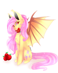 Size: 2555x3200 | Tagged: safe, artist:krissstudios, fluttershy, bat pony, g4, apple, bat ponified, female, flutterbat, food, high res, looking at you, mare, race swap