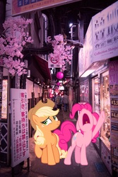 Size: 1066x1600 | Tagged: safe, editor:lisaloudleijon, applejack, pinkie pie, g4, candy, cherry blossoms, cute, date, female, flower, flower blossom, food, japan, lesbian, real life background, ship:applepie, shipping, tokyo
