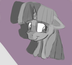 Size: 1280x1154 | Tagged: safe, artist:post-it, twilight sparkle, pony, g4, black and white, bust, digital art, female, floppy ears, grayscale, looking away, mare, monochrome, partial color, smiling, solo