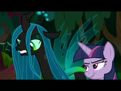 Size: 640x480 | Tagged: safe, edit, screencap, cozy glow, mean twilight sparkle, queen chrysalis, changeling, changeling queen, pegasus, pony, g4, school raze, the mean 6, animated, cage, clone, everfree forest, evil smile, female, filly, grin, smiling, sound, tartarus, wanna be friends?, webm, windows movie maker