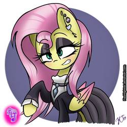 Size: 768x768 | Tagged: safe, artist:tylerdashart, fluttershy, pegasus, pony, fake it 'til you make it, abstract background, blushing, clothes, ear piercing, earring, eyeshadow, female, fluttergoth, goth, jewelry, makeup, mare, piercing, signature, solo