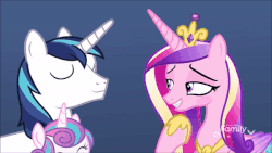 Size: 600x338 | Tagged: safe, edit, edited screencap, screencap, princess cadance, princess flurry heart, shining armor, alicorn, pony, unicorn, g4, my little pony best gift ever, animated, baby, baby pony, bedroom eyes, blushing, colored wings, crown, discovery family logo, duo focus, eyes closed, fanning, fanning self, female, folded wings, gif, gradient wings, grin, hoof shoes, jewelry, lidded eyes, male, mare, peytral, princess cadance is always horny, regalia, seductive, seductive look, sexy, ship:shiningcadance, shipping, smiling, stallion, straight, stupid sexy princess cadance, trio, wings